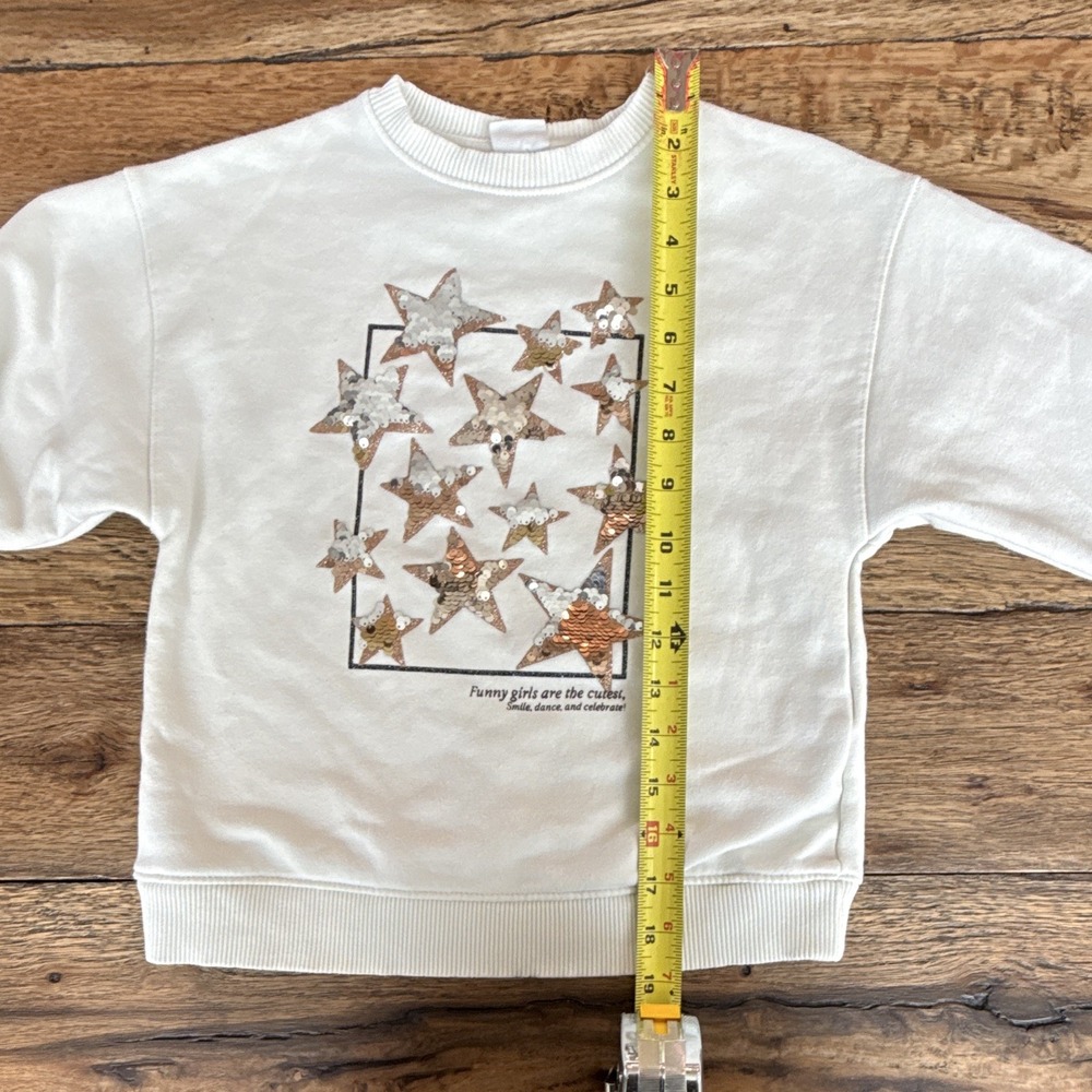 Zara Girls 8 White Crew Neck Pullover Sweatshirt Sequin Star Cotton Fleece - Picture 5 of 8